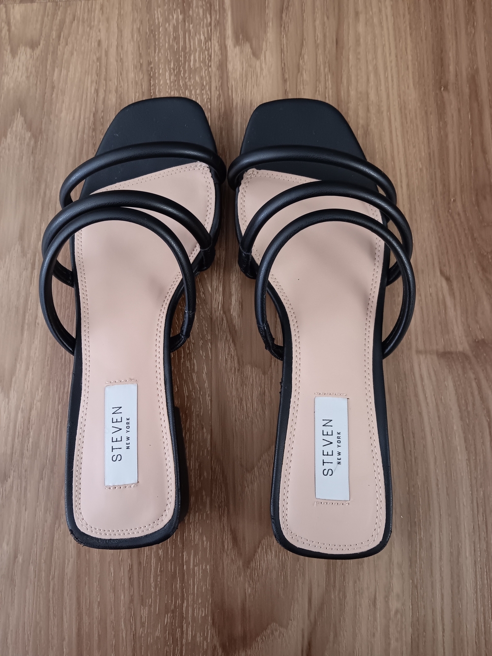 STEVEN New York Black Strappy Square-Toe Heeled Sandals